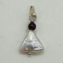 Load image into Gallery viewer, Pearl Triangle and Garnet Sterling Silver Drop Pendant | 1&quot; Long | White, Red |
