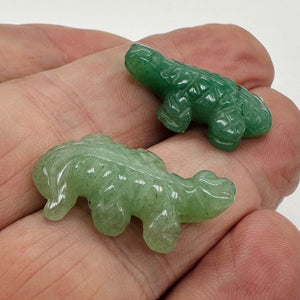 Charming 2 Carved Green Aventurine Lizard Animal Beads | 27x15x7mm | Green