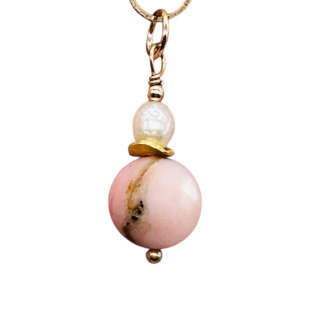 Pink Peruvian Matte Finish Opal, Pearl Drop Bead Pendant | Pink | 1 1/4