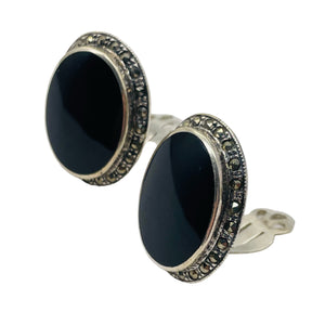 Onyx Marcasite Clip-On Sterling Silver Oval Earrings| 27x21mm | Black | 1 Pair |