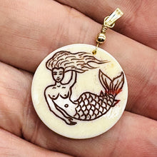 Load image into Gallery viewer, Lovely Scrimshawed Swimming Mermaid 14kgf Pendant | Red, Cream | 1 1/2&quot; Long |
