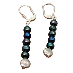 Shinning Teal Fresh Water Pearl Sterling Silver Earrings | 2" long |