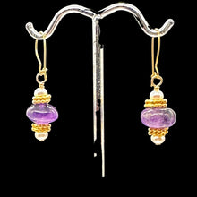 Load image into Gallery viewer, Amethyst Roundel and Pearl 14K Gold Filled Drop Earrings| 1 1/4" Long| Purple |
