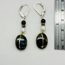 Load image into Gallery viewer, Labradorite Oval Bead Sterling Silver Wire Wrap Earrings with Euro Earwires |
