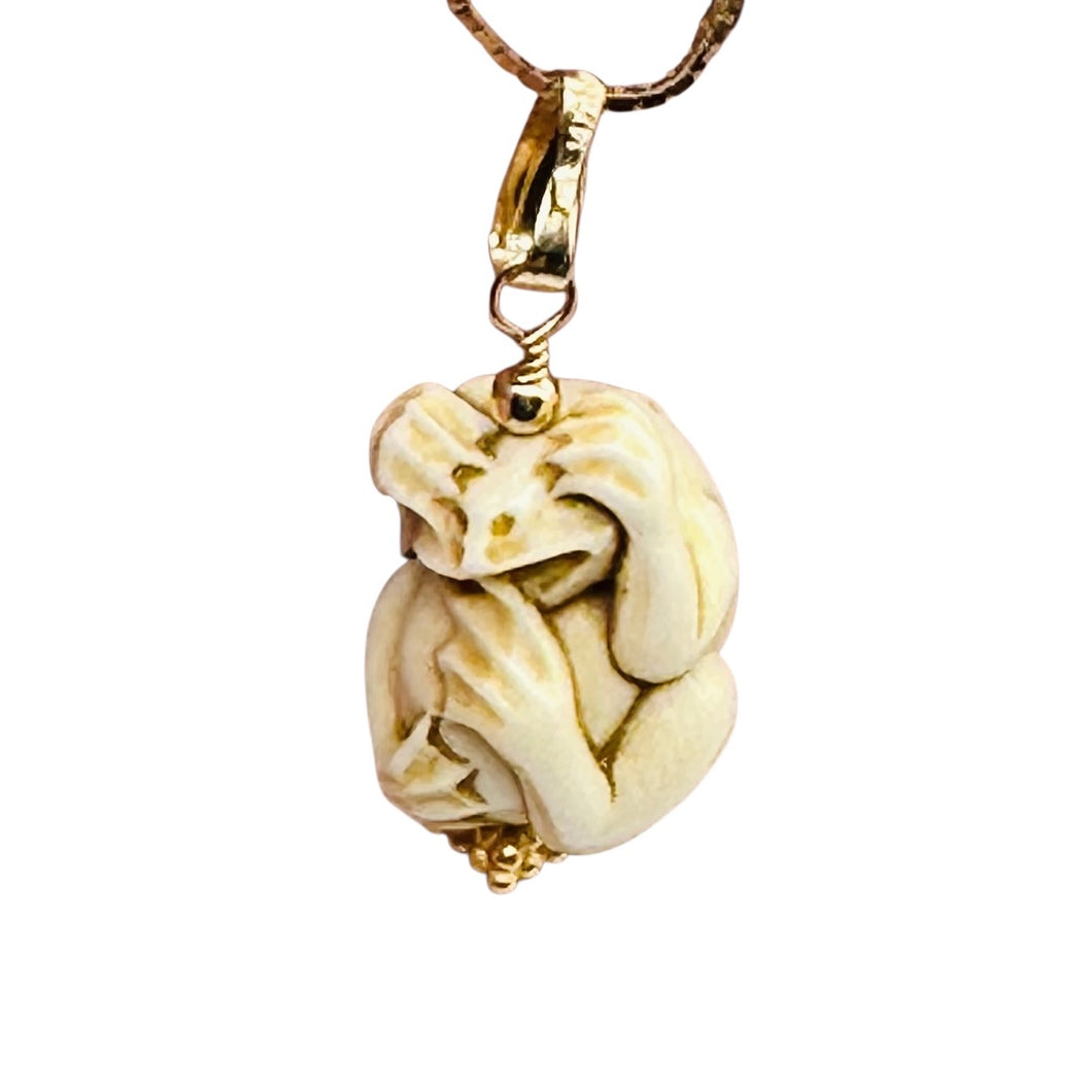 Hear No, See No, Speak No Evil Monkey Mammoth Bone 14K Gold Filled Pendant