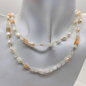 Peach, White Pearl and Moonstone Random | 40" | Peach White Clear | 1 Necklace |