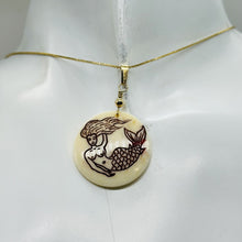 Load image into Gallery viewer, Lovely Scrimshawed Swimming Mermaid 14kgf Pendant | Red, Cream | 1 1/2&quot; Long |
