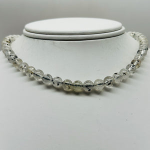 Tourmalinated Quartz Bead Strand |7mm | 15.5" Long | Clear, Black | 56 Beads |