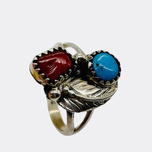 Turquoise Coral Sterling Silver Feather Design Ring | Size 5| Blue Red | 1 Ring|