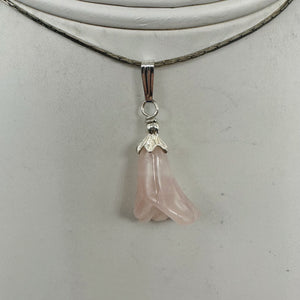 Lily! Hand Carved Rose Quartz Flower Solid Sterling Silver Pendant | 1" Long |