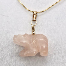 Load image into Gallery viewer, Roar! Hand Carved Natural Rose Quartz Bear 14Kgf Pendant | 13x18x7mm (Bear), 5.5mm (Bail Opening), 1.5" (Long) | Pink
