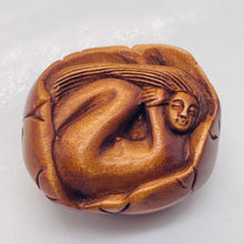 Load image into Gallery viewer, Carved Boxwood Mermaid On Lilypad Ojime/Netsuke Bead | 23x19.5x12mm | Brown
