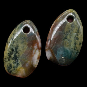 Hand Carved Bloodstone Pendant Beads | 54x33x6mm | Green Pink | Oval | 1 Pair |