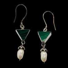 Load image into Gallery viewer, Malachite Fresh Water Pearl Sterling Silver Earrings | 2 1/4&quot; Long| Green White|
