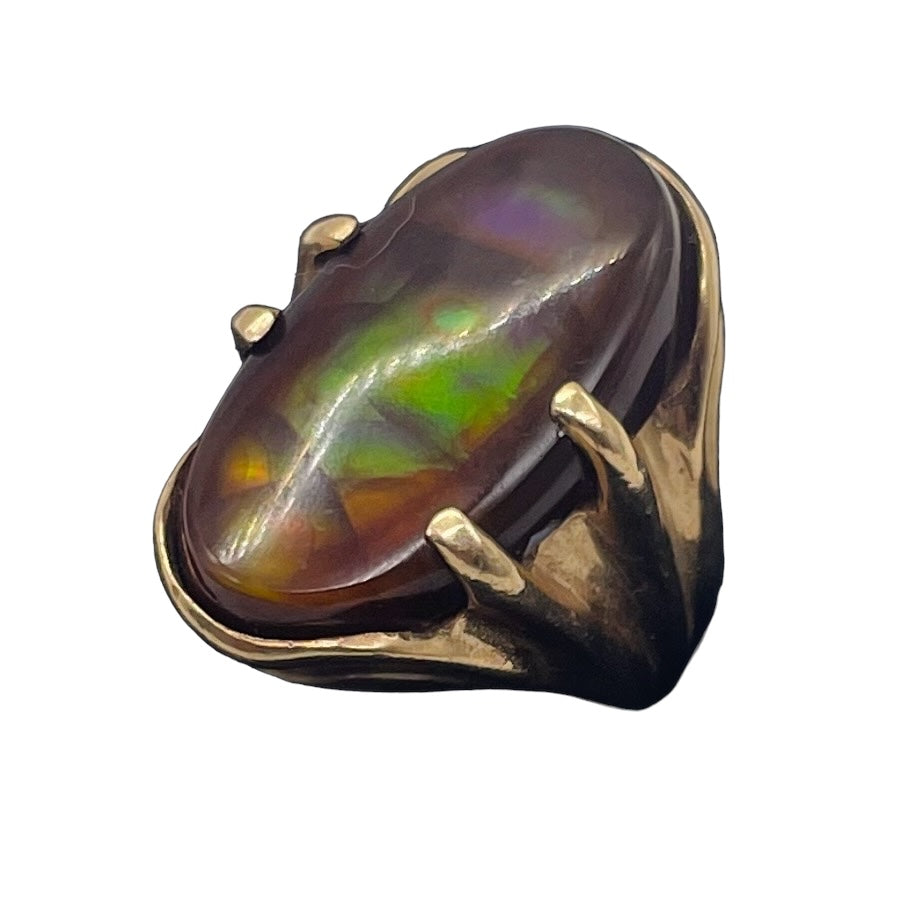 Fire Boulder Opal 14K Gold Ring | 23x13mm Stone | 5.5 | Green, Yellow, Purple |