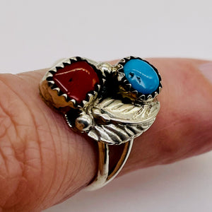 Turquoise Coral Sterling Silver Feather Design Ring | Size 5| Blue Red | 1 Ring|