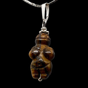Hand Carved Tigereye Goddess of Willendorf Silver Pendant|1.5 "Long | Goddess |