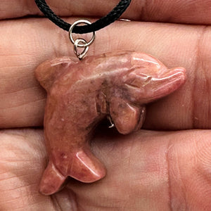 Rhodonite Stone Dolphin Pendant Necklace | 3/4" Long | Pink, Black | 1 Pendant |