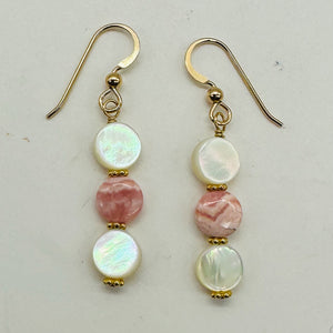 Rhodocrosite Mother of Pearl 14K Gold Filled Drop Earrings | 1 3/4"| Pink White|