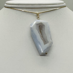 Chalcedony Druzy Designer Cut Sterling Silver Pendant | 2" Long | Blue |