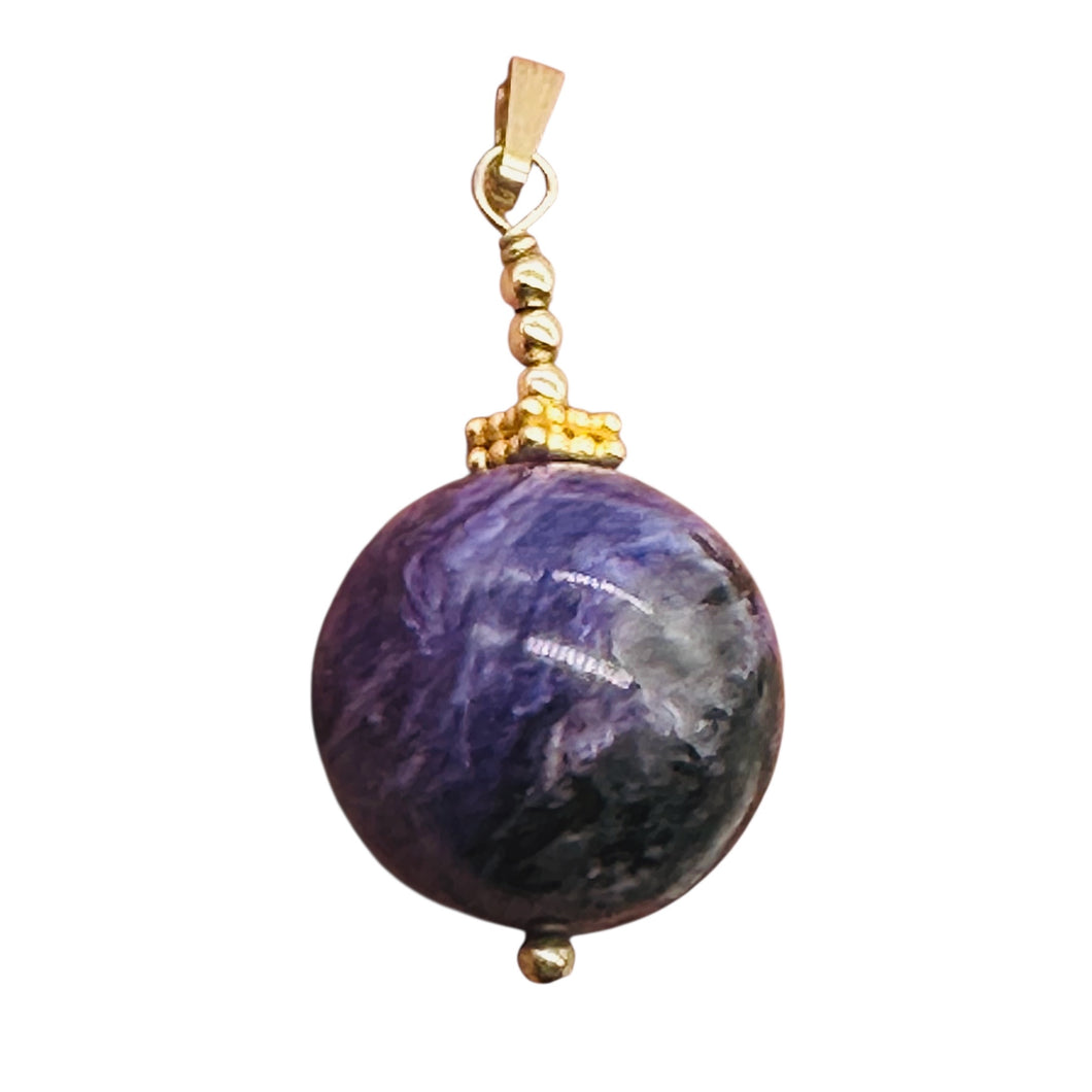 Charoite AAA Large Round 14K Gold Filled Pendant | Purple, White | 1 1/2