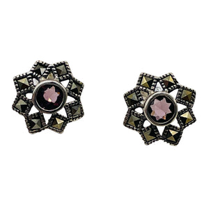 Purple CZ Marcasite Sterling Silver Flower Earrings | 3/8" | Silver | 1 Pair }