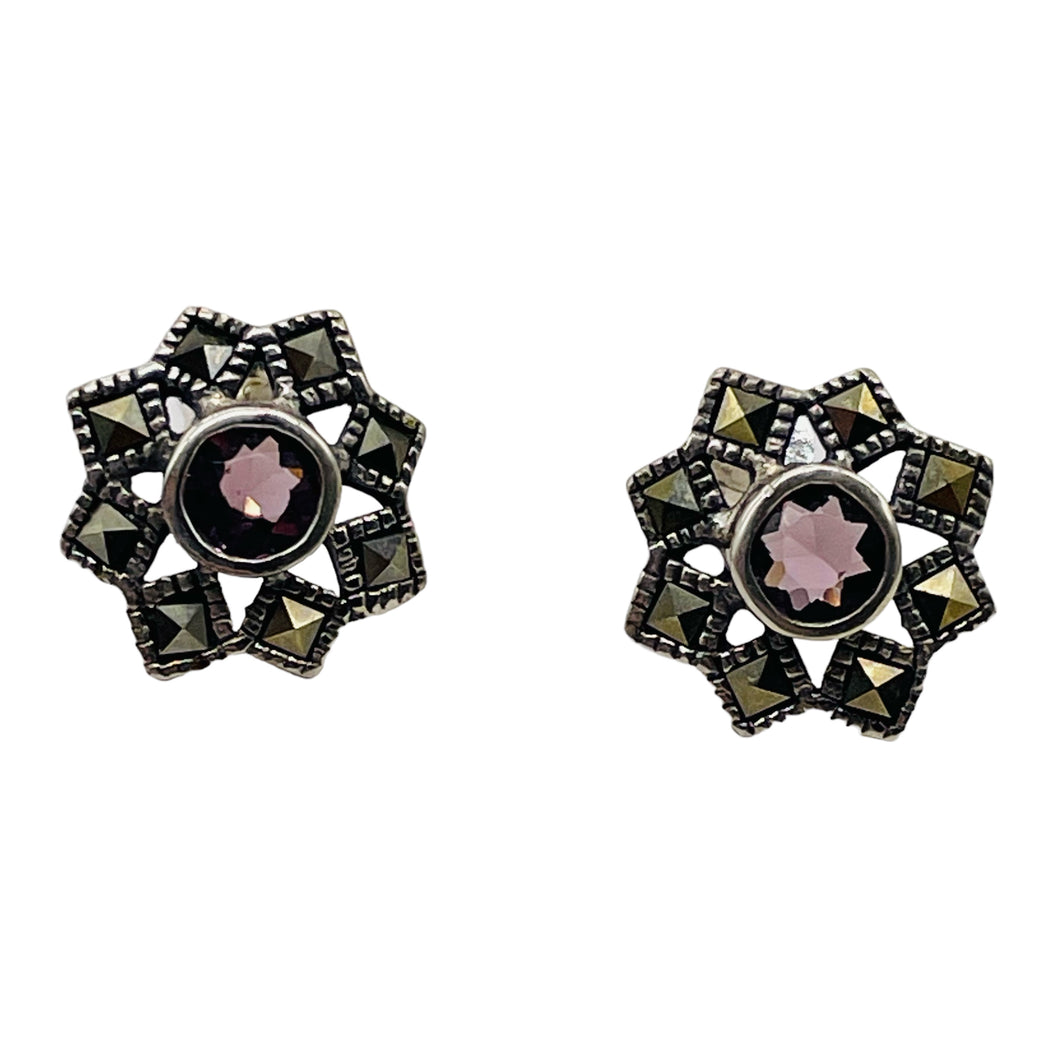 Purple CZ Marcasite Sterling Silver Flower Earrings | 3/8