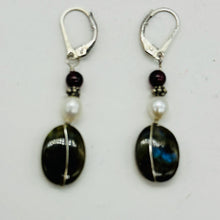 Load image into Gallery viewer, Labradorite Oval Bead Sterling Silver Wire Wrap Earrings with Euro Earwires |
