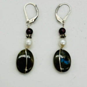 Labradorite Oval Bead Sterling Silver Wire Wrap Earrings with Euro Earwires |