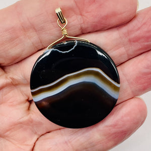 Sardonyx Agate 40mm Coin 14K Gold Filled Bead Pendant | Black | 2" Long |