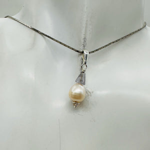 Iolite, Fresh Water Large Pearl Sterling Silver Drop Pendant | 1" Long |