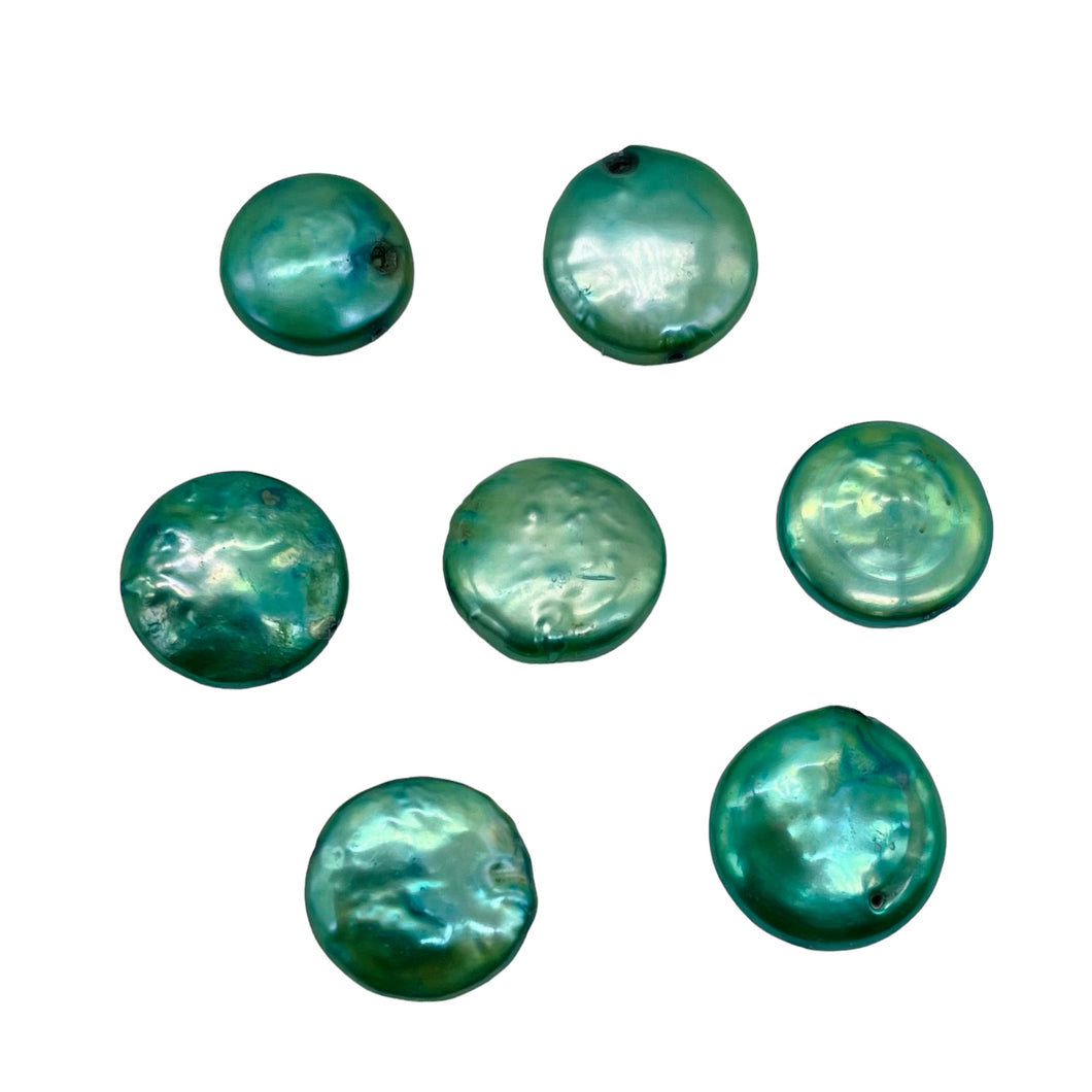 7 Minty Green 12 to 13mm Freshwater Coin Pearls 9442
