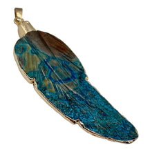Load image into Gallery viewer, Chrysocolla Carved Gold Trim Leaf Pendant | 3" Long | Green Blue | 1 Pendant |
