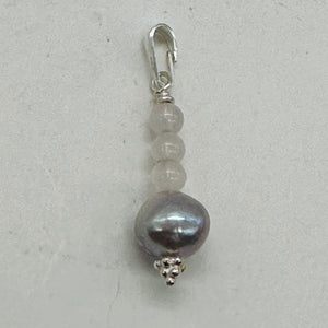 Rose Quartz, Silver Blue Pearl Sterling Silver Pendant| 1 1/4" Long| Pink, Blue|