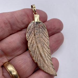 Jasper Carved Gold Trim Leaf Pendant | 3" Long | Beige Mauve | 1 Pendant |