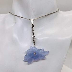 Hand Carved Natural Blue Chalcedony Flower Sterling Silver Pendant | 1" Long |