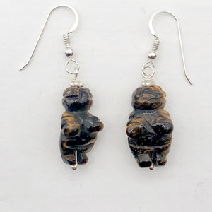 Tiger Eye Venus Goddess of Willendorf Sterling Earrings| 1 3/4" Long | Bronze |
