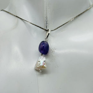 Pearl Triangle and Amethyst Sterling Silver Pendant | 1 1/4" Long | White, Red |