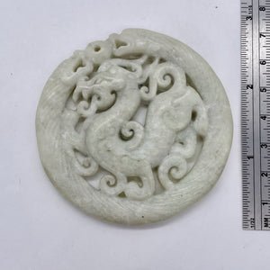 New Jade Carved Dragon Pendant Bead | Round | 2 5/8x1/4" | Pale green | 1 Bead |