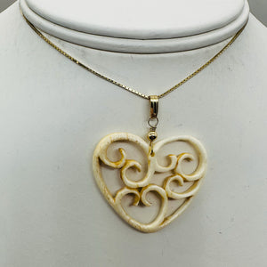 Heart Shape Delicate Carved Bone 14K Gold Filled Pendant| 1 3/4" Long | Cream |