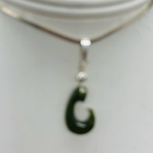 Jade Maori Hai Matau Fishhook Sterling Silver Pendant | Green | 1 1/4" Long |