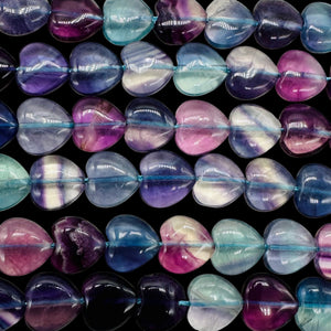 Fluorite Half Strand Round Heart Beads | 7" Long | Blue. Purple. Pink| 17 Beads|