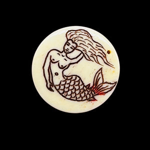 Lovely Scrimshawed Swimming Mermaid 14kgf Pendant | Red, Cream | 1 1/2" Long |