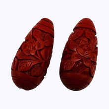 Load image into Gallery viewer, Cinnabar Carved Teardrop Barrel Beads | 34x16x12mm | Red | 2 Beads |

