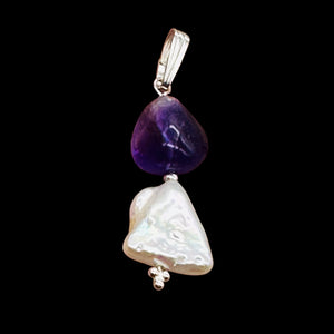 Pearl Triangle and Amethyst Sterling Silver Pendant | 1 1/4" Long | White, Red |