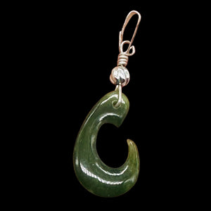 Jade Maori Hai Matau Fishhook Sterling Silver Pendant | Green | 1 1/4" Long |