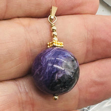 Load image into Gallery viewer, Charoite AAA Large Round 14K Gold Filled Pendant | Purple, White | 1 1/2&quot; Long |
