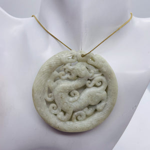New Jade Carved Dragon Pendant Bead | Round | 2 5/8x1/4" | Pale green | 1 Bead |