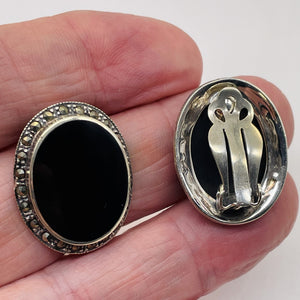 Onyx Marcasite Clip-On Sterling Silver Oval Earrings| 27x21mm | Black | 1 Pair |