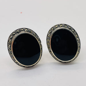 Onyx Marcasite Clip-On Sterling Silver Oval Earrings| 27x21mm | Black | 1 Pair |